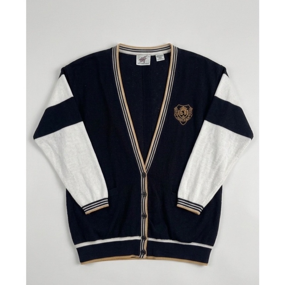 Active Elements Vintage 90s Varsity Cardigan Navy Blue White Crest Sweater M